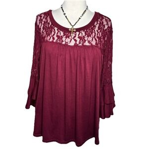 Miselon Blouse XL Burgundy Lace Yoke Tiered Bell Sleeve Boho Scoop Neck Top